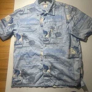 Columbia PFG Hawiian Shirt Mens S Blue Fishing Boat Graphic Cotton Short Sleeve - Picture 1 of 8