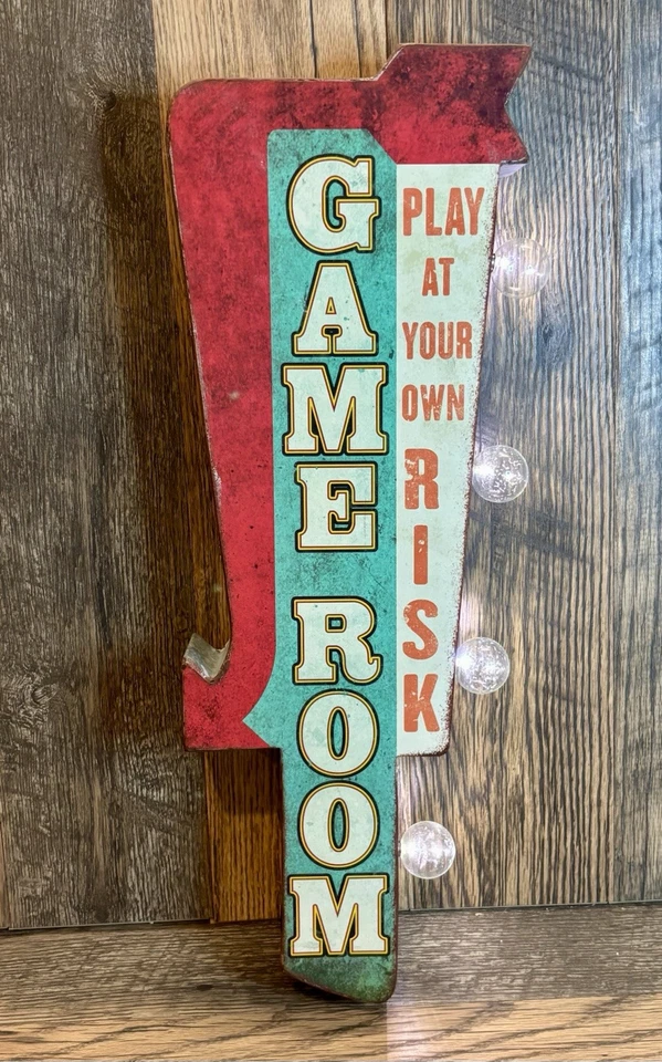 Светящаяся вывеска игровой комнаты «Играй на свой страх и риск» ретро вид, двусторонняя 25 дюймов высота - Изображение 1 из 4