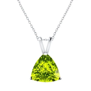 8MM Trillion Cut Natural Peridot 14k White Gold plated 925 Solitaire Necklace - Picture 1 of 6