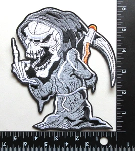 🔥GRIM REAPER SKULL SKELETON GIVING THE MIDDLE FINGER EMBROIDERED IRON ON PATCH - Picture 1 of 3