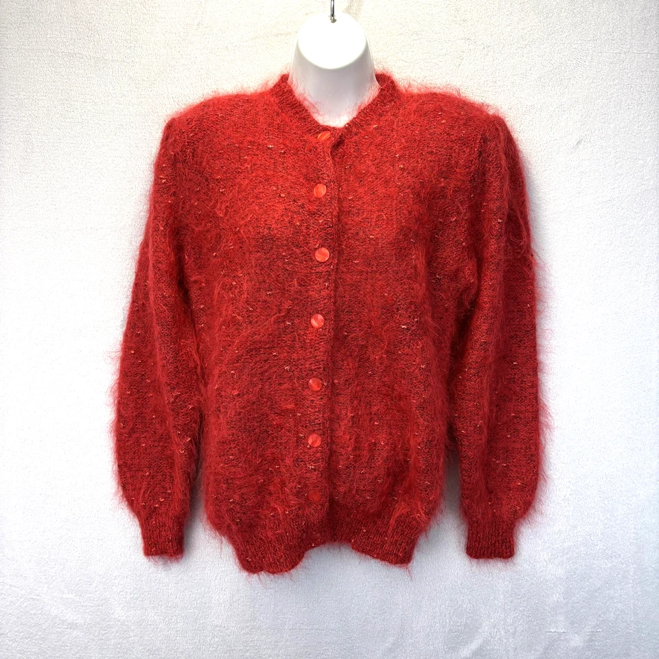 Cárdigan Suéter Vintage Años 80 Carducci Mohair Difuso Mujer Pequeño Rojo Vacaciones Suave Foto 1 de 4