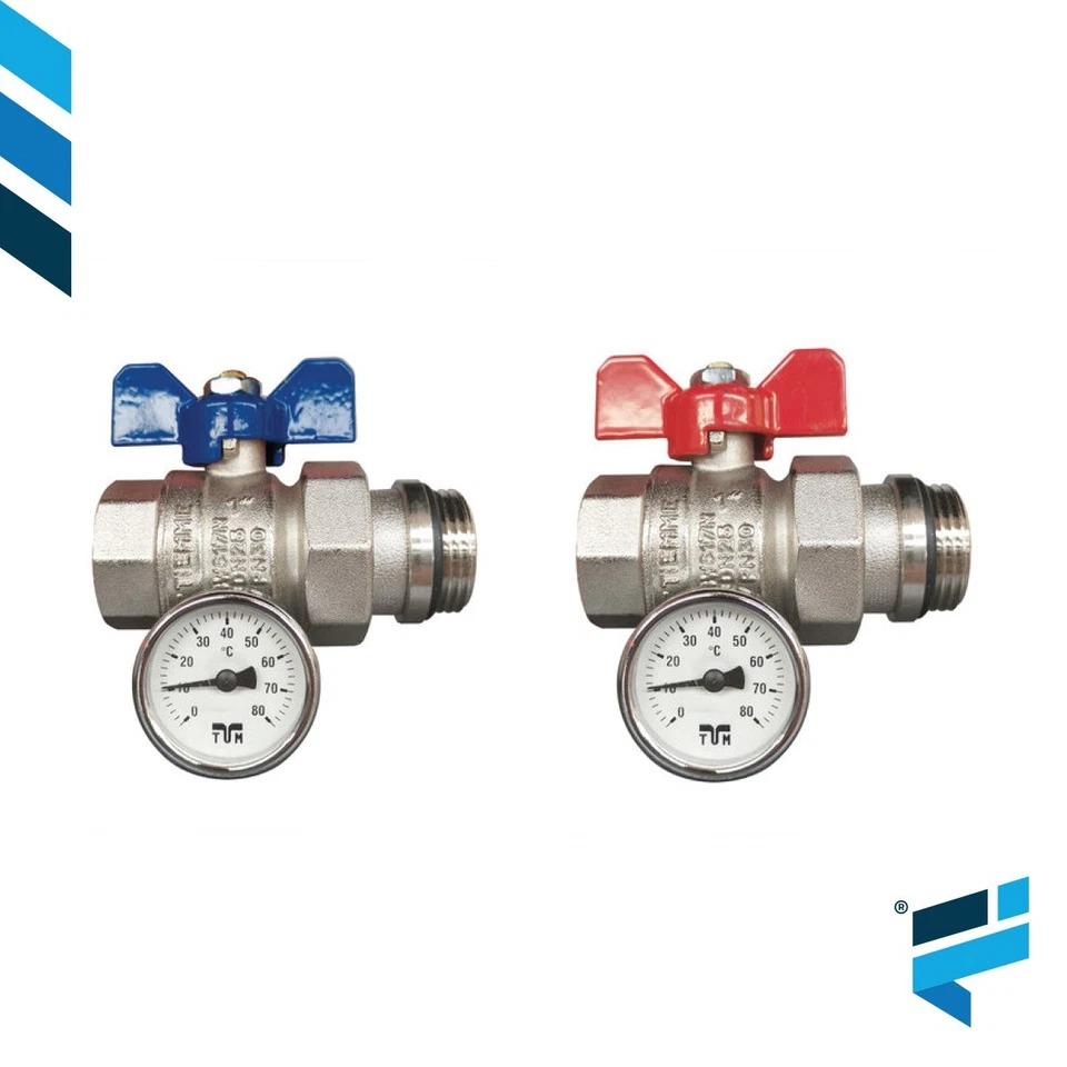 COPPIA VALVOLA A SFERA DA 1" BLU E ROSSO CON TERMOMETRO MASCHIO FEMMINA DRITTA - Immagine 1 di 1