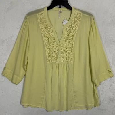 NUEVO Top Blusa Grand & Greene Crochet Encaje Transparente Talla Grande 1X Verde Boho Relajado Foto 1 de 4
