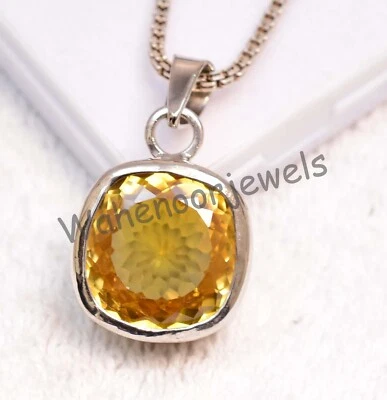 925 Pendente Argento Sterling Naturale Giallo Zaffiro Cuscino 20 MM Certificato - Immagine 1 di 4