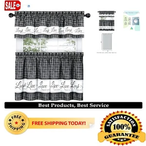 Country Gingham Check Kitchen Curtain Set - 3 Pc. Plaid Valance in Charcoal - Picture 1 of 6