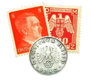 Rare WWII German Artifact Set – 1 Reichspfennig Coin + 2 MNH Stamps 1940–45 - Picture 1 of 4