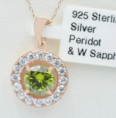 LAB CREATED 1.30 Ct PERIDOT & WHITE SAPPHIRE PENDANT NECKLACE .925 SILVER (rose) - Image 1 of 3