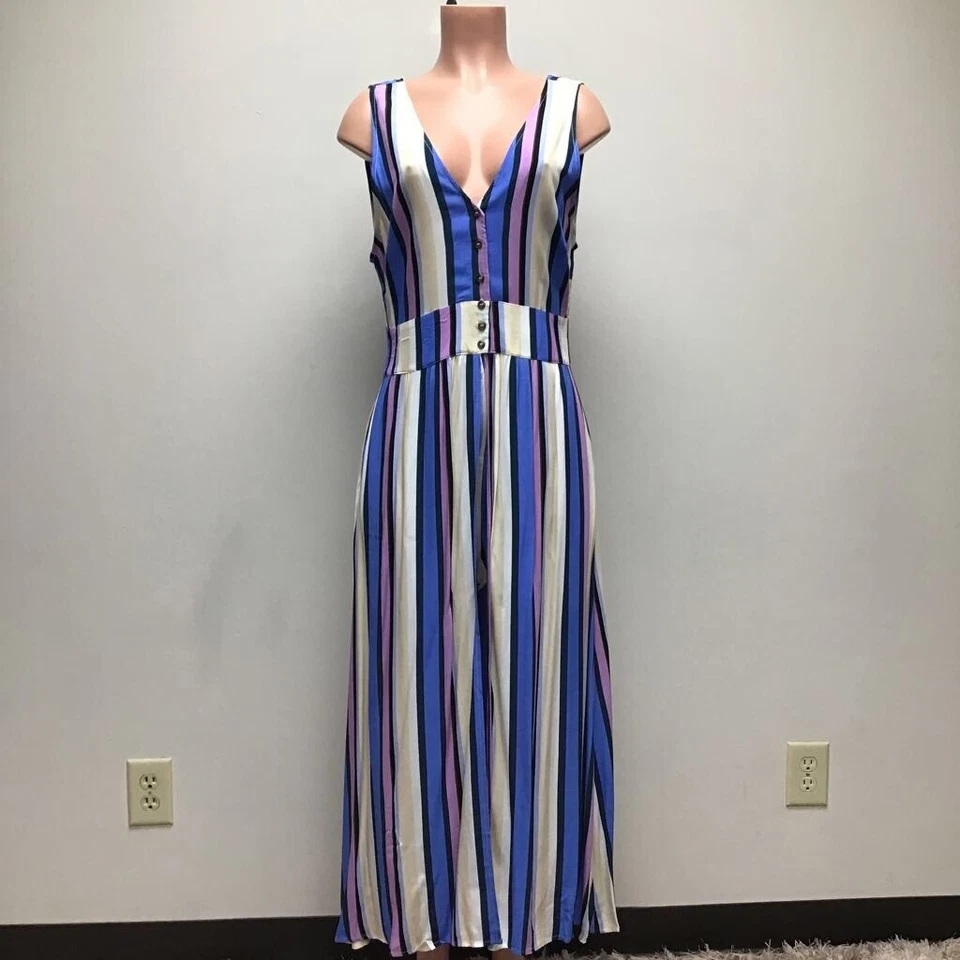 Macacão feminino ASTR The Label listra branca azul em camadas gola V sem mangas G novo - Imagem 1 de 4