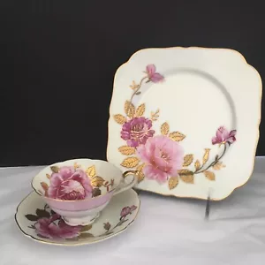 50er Jahre Rosa Rose Bone China Teetasse Untertasse Dessertteller 3-teiliges Set besetzt Japan - Bild 1 von 6