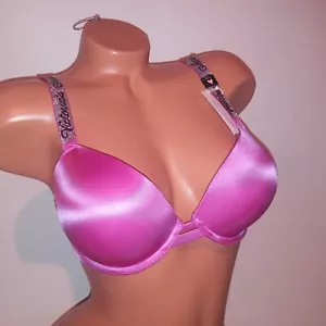 Victoria Secret Bra Push Up 32DD Pink Shine Strap Logo Solid Very Sexy Underwire - Picture 1 of 8