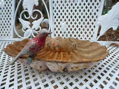 ANTIQUE CAST IRON SHELL TABLETOP BIRD BATH OLD METAL BIRD CRACKLY PINK PAINT - Image 1 of 4