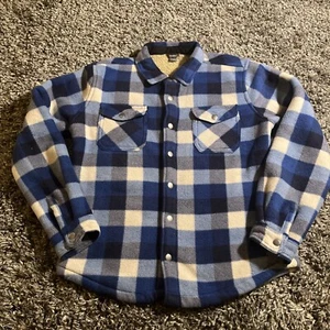 Eddie Bauer Kids Fleece Lined Shacket Large 14/16 Blue Plaid Faux Sherpa EUC - Picture 1 of 18