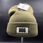 UGG BEANIE KNIT CUFF HAT ONE SIZE BURNT OLIVE GREEN LOGO PATCH WOOL BLEND