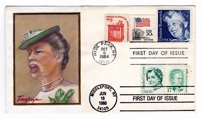 #2105 Eleanor Roosevelt 1984 FDC - Treyboza Hand-Painted w/ 2178 Dual UNIQUE - Image 1 of 2