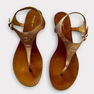 Coach Sz 8.5 Vitalia T-Strap Thong Wedge Heel Sandals Rose Gold Festival Summer - Picture 1 of 12