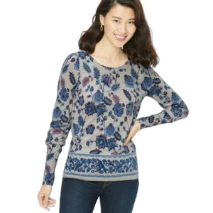 Talbots Foulard Floral Merino Wool Puff Sleeve Blue Gray Pullover Sweater 1X - Picture 1 of 7