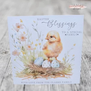 Personalised Easter Blessings Card to a Special Family Cute Chick and Eggs - Picture 1 of 8