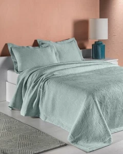 Stunning Woven Jacquard Design Bedspread Duck Egg 270cm x 270cm Made in Portugal - Picture 1 of 2