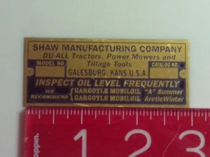 Placa de identificación de reproducción Shaw Du-All Tractors - Imagen 1 de 1