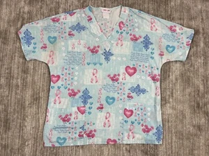 Cherokee Scrub Top Womens Medium Blue Work Wear Pink Ribbon Hope - Picture 1 of 9