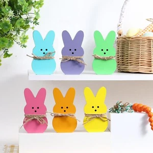 Easter Decorations Colorful Bunnies Rabbits Wooden Signs Indoor Tabletop 6PCS - Picture 1 of 12