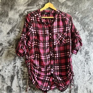 DIVIDED By H&M Women's Size 8 Red Plaid Multi Color Button Down Tunic Shirt Top - Picture 1 of 12