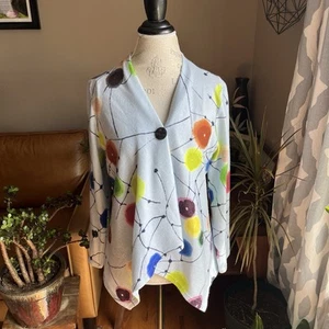 Trisha Tyler Soft Drapey Cardigan Sweater Sz L Artsy Atomic MCM Phoebe Boho - Picture 1 of 9