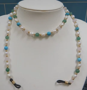 Spectacles Glasses Holder Freshwater Cultured Pearl turquoise, jade, pink quartz - Picture 1 of 12