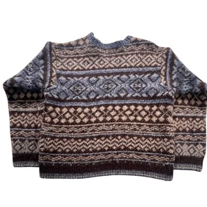 VTG J Crew Wool Fair Isle Sweater Blue Brown Tan Nordic Knit Large vintage cozy - Picture 1 of 7