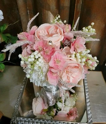Silk Flower Bridal Bouquet Pink White Faux Pearl Accents Wedding Bridesmaids  - Image 1 of 4