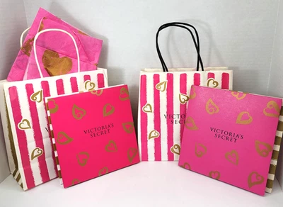 Lote com 2 sacolas de papel Victorias Secret caixa papel tecido listra rosa coração dourado - Imagem 1 de 4