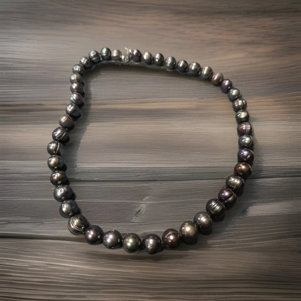 Collar de joyería de perlas negras naturales genuinas de agua dulce 16 pulgadas broche esterlina Foto 1 de 1
