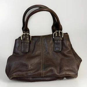 Genuine Leather w/ Vinyl Trim Brown Handbag Double Top Handles Lots of Pockets - Picture 1 of 11