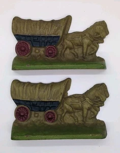 Vintage Gusseisen Conestoga Wagen und Pferde Buchstützen Türstopper Nr. 302 - 6,25" Set 2 - Bild 1 von 14