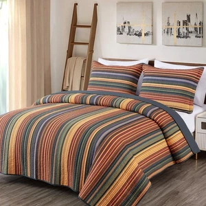 Chezmoi Collection Avery 3-Piece Multi-Color Striped 100% Washed Cotton Quilt... - Picture 1 of 9