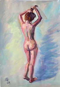 Nude Back Pose – 17x12 Original Acrylic Figure Painting on Paper, Signed Art - Picture 1 of 4
