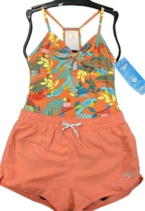 Speedo Girls Racerback One Piece Swimsuit with Shorts Peach Echo - Picture 1 of 2