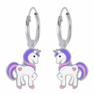925 Sterling Silver Purple Pink Heart Unicorn Sleeper Hoop Kids Girls Earrings - Picture 1 of 1