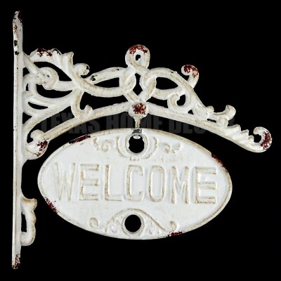 Letrero grande de metal giratorio Welcome Go Away hierro fundido antiguo blanco resistente 11,5" Foto 1 de 4