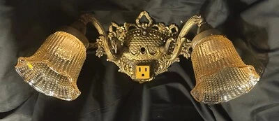 Vintage Ornate Brass 2 Light Over Mirror Bathroom Sconce, Iridescent Glass - Image 1 of 4