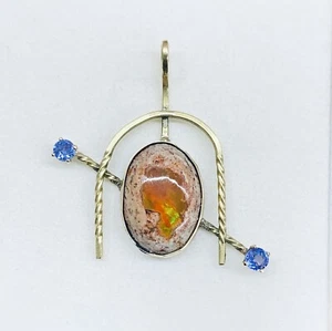 Handmade 14k Yellow Gold Oval Mexican Fire Opal Matrix & Tanzanite Pendant Charm - Picture 1 of 7