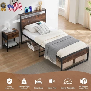 14" Twin Bed Frame with Headboard Power Outlets Platform Beds for Bedroom - Picture 1 of 12