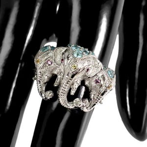 APATIT SAPHIR & RHODOLITH GRANAT ELEFANT RING 925 STERLING SILBER 14KWGP GR.9 - Bild 1 von 3