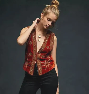 Free People Life of the Party Bead Embellished Rust/Gold Velvet Vest size XS - Image 1 of 4