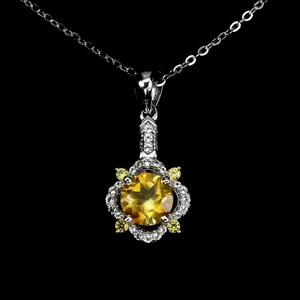 925 Sterling Silver Necklace Round Citrine 7mm White Topaz Gemstone Jewelry 18in - Picture 1 of 13