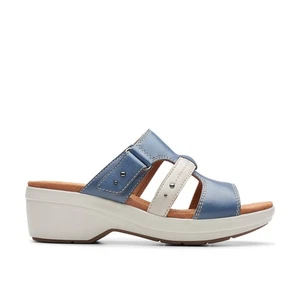 Clarks Tuleah Jane 26178130 sandali donna blu larghi in pelle con tacco scarpe 10 - Foto 1 di 7