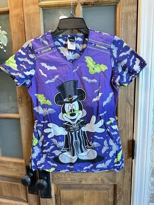 Disney Mickey Mouse Halloween Women's 100% Cotton Scrubs Top XXS Bats - Image 1 of 4