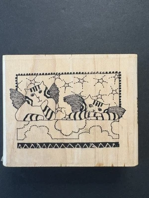 Paula Best Angel Cats Stars Clouds Frame Stripes Rubber Stamp 957-E - Image 1 of 4