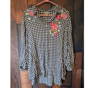 COMO Vintage L/S Black & White Checker Floral Button Up Women's Top Sz 2X Fall - Picture 1 of 5