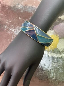 Fabelhaftes Vintage Trifari Clamper Armband - Schattierungen von Teal Emaille & Goldfarben - Bild 1 von 6